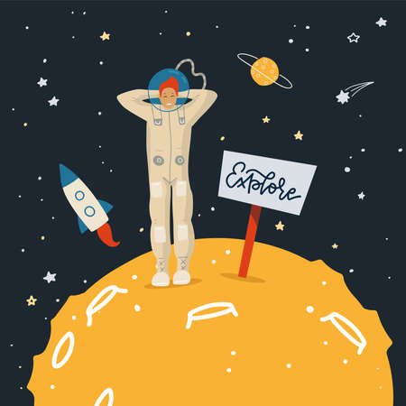 Male astronaut in spacesuit stand on surface of moon with holding a signboard Explore. Space background with the silhouette of the rocket amd planets. Flat vector illustration.のイラスト素材