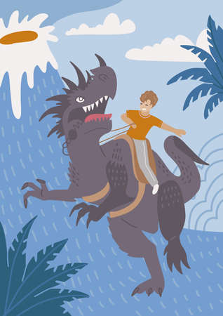 Brave boy riding angry dinosaur with fun. Prehistoric site with an erupting volcano background. Flat vector hand drawn illustration.のイラスト素材