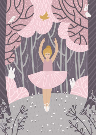 Small young ballerina dancing in nature. Happy girl wearing ballet tutu enjoying nature freedom in spring forest. Freedom, true happiness and a great life concept. Vector flat hand drawn illustration.のイラスト素材