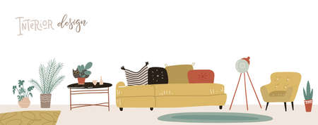 Set of furniture for scandinavian interior and home accessories. Mid century modern living room panorama. Vector flat hand dtawn illustration.のイラスト素材