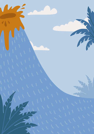 Erupting Volcano landscape. Childich backfround. Hand drawn design of natural disaster. Flat doodle vector illustration.のイラスト素材
