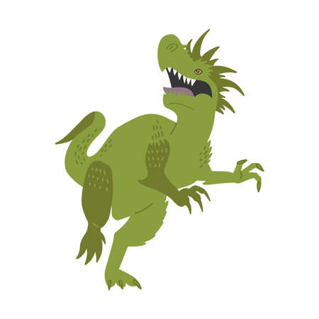 Terrible dinosaur is roaring. Green dino Hand drawn print for t-shirt and textile design. Vector flat isolated illustrationのイラスト素材