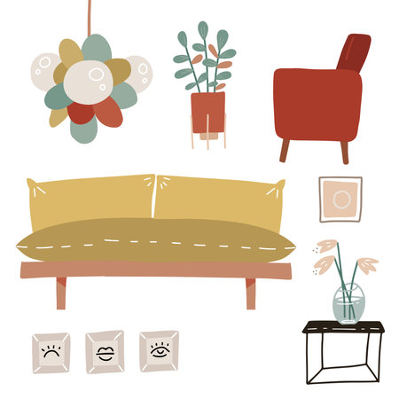 Sofa, armchair, coffee table, houseplants, vase, lamp and wall pictures- Interior elements set. Details of cozy home in scandinavian hygge style. Flat hand drawn vector graphic.のイラスト素材