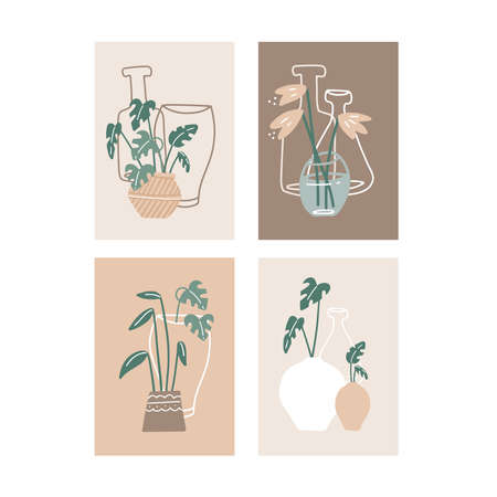 Set of 4 creative minimalistic posters for home decor, greeting card designs. Abstract pastel vector illustrations with hand drawn design pastel elements, plants, vases, lines, geometric shapes.のイラスト素材