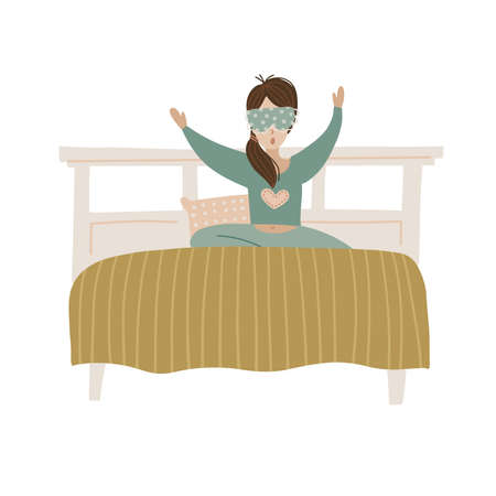 Wake up girl. Young woman in bed yawning. Isolated concept of start good day. Flat hand drawn vector illustration.のイラスト素材