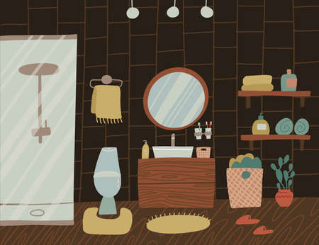 Stylish dark wooden Scandinavian bathroom interior - tap, shower, toilet, sink, home decorations. Cozy modern comfy apartment furnished in Hygge style. Vector flat illustrationのイラスト素材