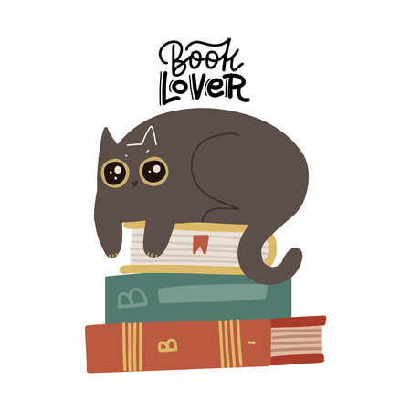 Cute funny cat luing on book stack, with quote - Book lover. Isolated objects on white background. Scandinavian style flat design. Concept for children print. Hand drawn flat vector illustrationのイラスト素材