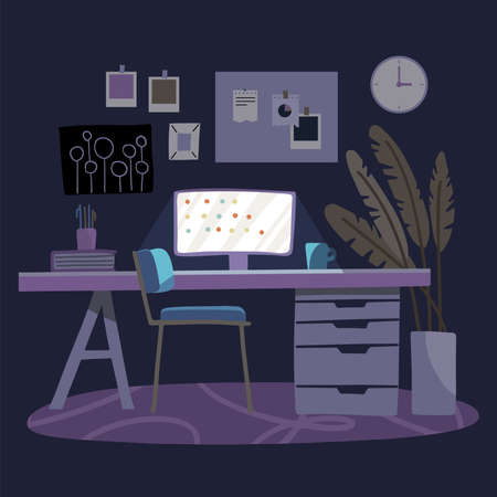 Workplace with lighting computer screen, books, plant and cup on the table. Dark purple background. Night office room. Vector flat hand drawn illustration.のイラスト素材