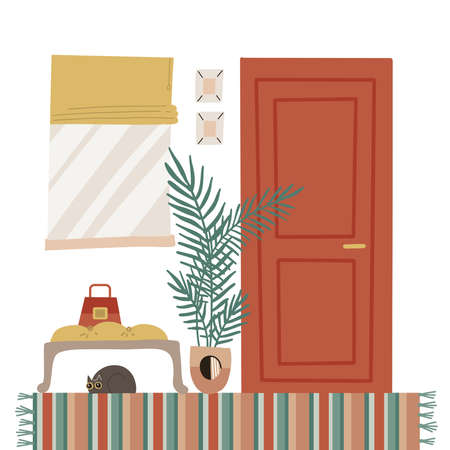 Cozy home entrance hall interior with furniture - closed door, window, plant, carpet, banquet with cat. Flat cartoon style vector illustration in Scandinavian style.のイラスト素材