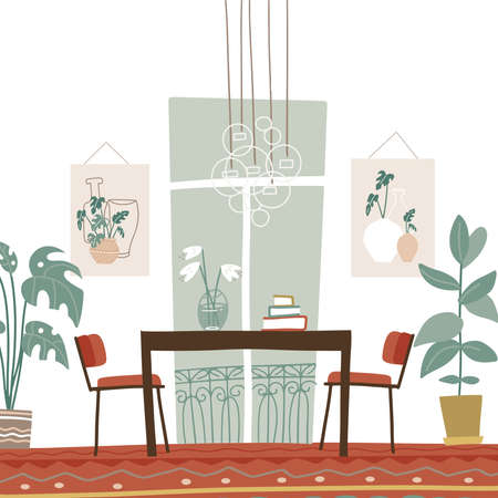 Modern elegant dining room interior with table and chairs, paintings, french window, big indoor plants. Vector illustration flat boho style.のイラスト素材