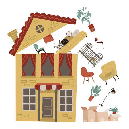 Moving to a new place. A yellow house with some furniture flies out under the open roof to cardboard boxes. Vector falt illustration.のイラスト素材
