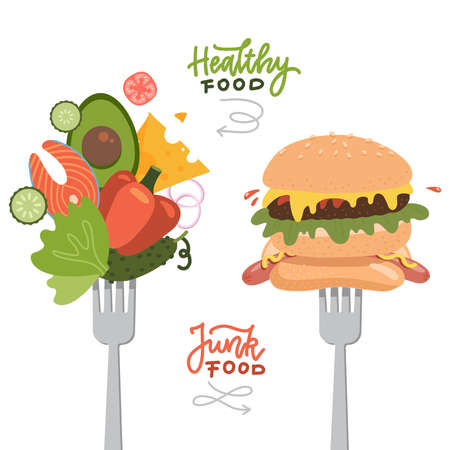 Choosing between healthy food and fast junk food. Food on forks concept. Banner, flyer design element of you are what you eat concept. Lettering text. Flat vector illustration.のイラスト素材