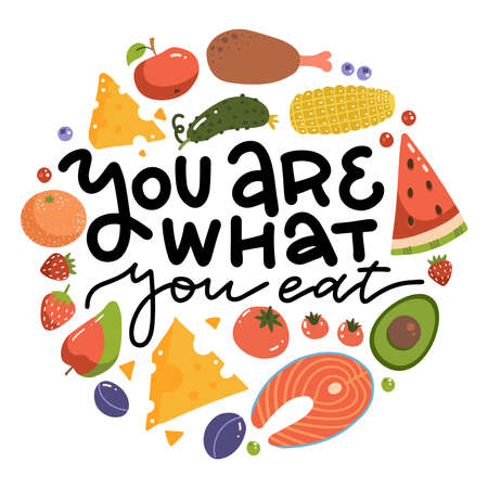 You are what you eat - lettering quote print. The healthy food round concept design for print and web projects. Flat vector illustration.のイラスト素材