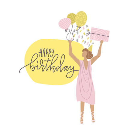 A girl with gift in her hands and balloons. Happy birthday lettering. Trendy greeting card. Vector flat hand drawn illustrationのイラスト素材