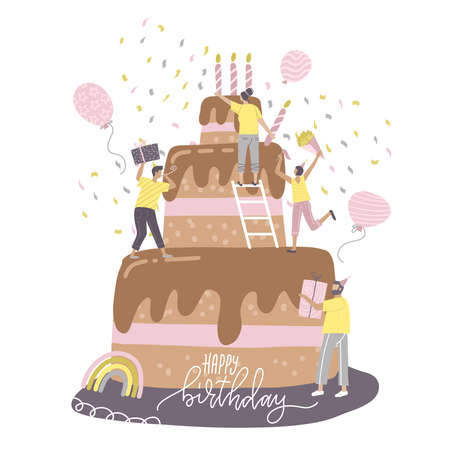 Happy birthday party concept with cheerful people, male and female friends standing on a big tiered cake with a candle and celebrating. Tiny characters having fun. Flat design style illustration.のイラスト素材