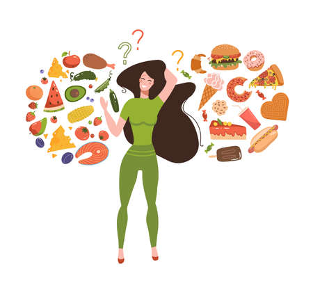 Healthy vs unhealthy food concept. Junk versus good foods diet balance. Woman choose between fresh meals and fast food. Flat vector illustration.のイラスト素材