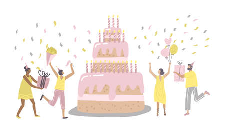 People Characters dancing near Birthday Cake and Celebrating. Woman and Man holding Gifts and Balloons. Friends Enjoying the Bday Party. Happy Birthday Concept. Flat hand darwn Vector Illustration.のイラスト素材