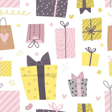 Party presents doodle colorful seamless pattern. Hand drawn gift boxes. Happy Birthday texture. Decorative doodle flat elements. Celebration Birthday, Holidays, New Year. Vector texture.のイラスト素材