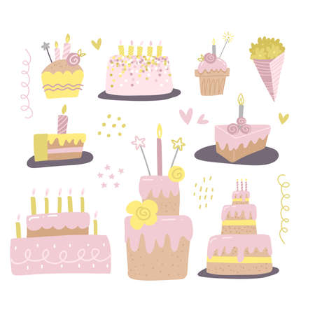 Set of different cakes with candles. Design for birthday greeting card, gift tag, . Hand drawn vector illustration in flat style.のイラスト素材
