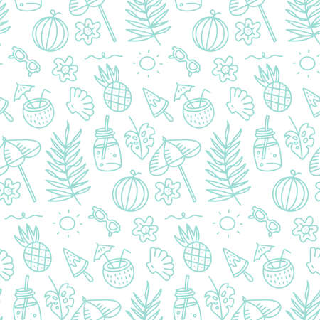 Cute summer abstract linear pattern. Doodle Seamless pattern with summer fruits, beach umbrella, sunglasses, sun, and seashells for children or teenager girls. Vector illustartion.のイラスト素材