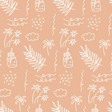 Sunner beach seamless pattern. Beautiful Summer vacation holiday beige sand color icons in hand drawn linear doodle style for fashion fabric.のイラスト素材