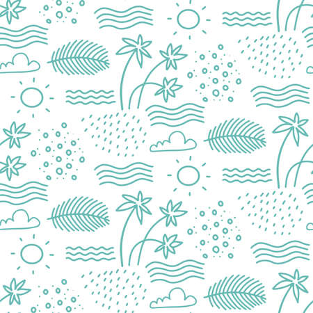 Linear monochrome seamless summer pattern for Wrapping paper. Cute doodle summer pattern with palm tree and waves. Vector illustration and element for your design.のイラスト素材