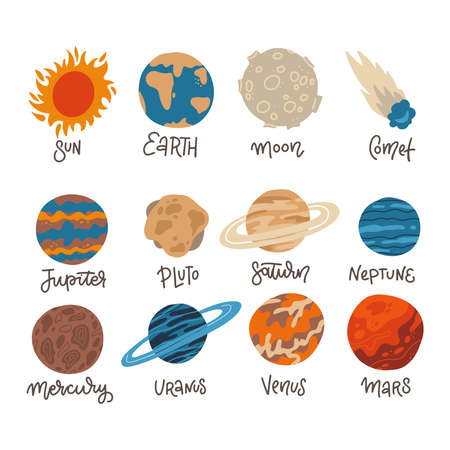 Big icon set of solar system planets, sun and moon on white background. Mercury, venus, earth, mars, jupiter, saturn, uranus, neptune, pluto, stars and sun flat hand drawn vector illustration.のイラスト素材