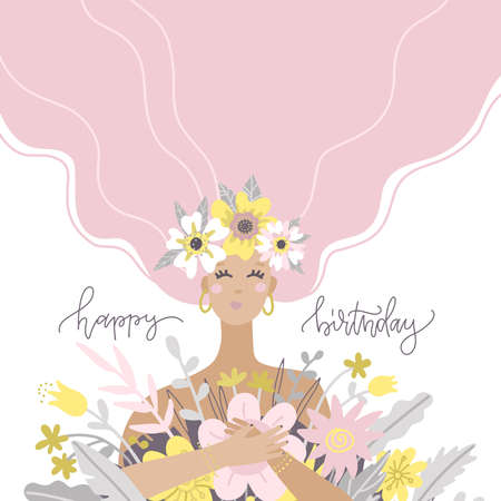 A cute girl holding a bouquet of flowers. Happy birthday greetong card. Vector flat illustration. Design for the holiday of spring, anniversary.のイラスト素材