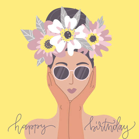 Happy Birthday greeting card. Cute lady in sunglasses with flower wreath. Design template for card, poster, flyer, banner. Flat vector illustration.のイラスト素材