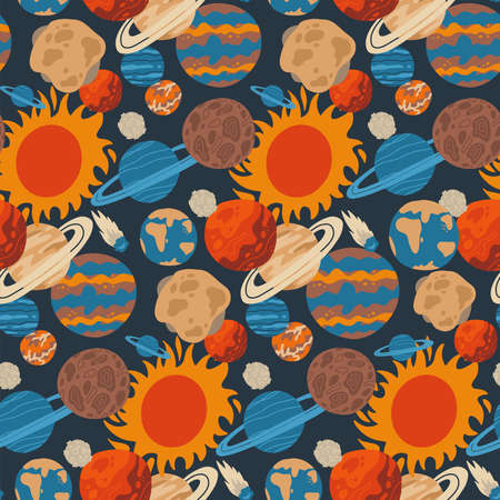 Cute Kids Space Vector Seamless Pattern on dark background. Many planets, comet, satellite and stars crowded together. Hand drawn flat vector illustration. Cartoon texture for textile, fabric, paperのイラスト素材