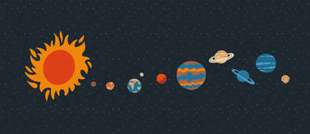 Solar system with sun orbits and planets on dark blue background. Hand drawn flat vector...