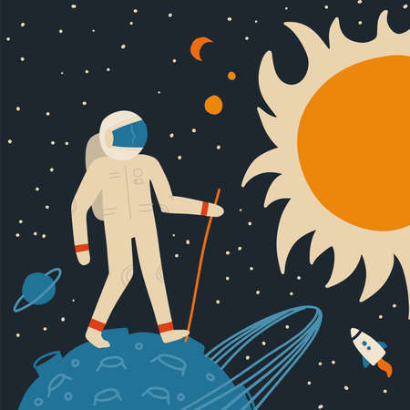 Walking on the moon spaceman with walking stick. Space tourism metaphor. Cosmos landscape with...