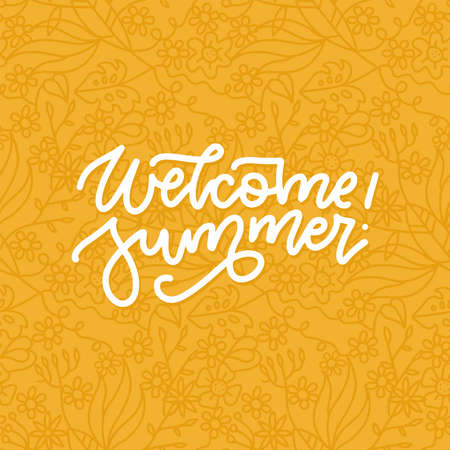 Floral background with Welcome summer lettering. Beautiful linear hand drawn Vector illustration. Template for greeting card and season decoration.のイラスト素材