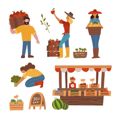 Local organic production set. Eat Local concept. People farmers doing garden job and selling eco products the farmers market stall. Flat vector illustartion.のイラスト素材