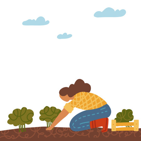 Organic production concept. Woman grows broccoli cabbage isolated on white background. Process of local growing. Organic healthy food for poster, website, brochure. Vector flat Illustrationのイラスト素材