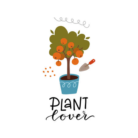 Plant lover concept. Small orange tree. Home gardening hobby. Vector illustration in abstract flat style. Hand lettering quote.のイラスト素材