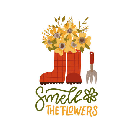 Garden Flowers in wellies. Red rain boots, gardening tool and florals. Modern flat vector illustration for web and print with lettering quote Smell the flowers.のイラスト素材