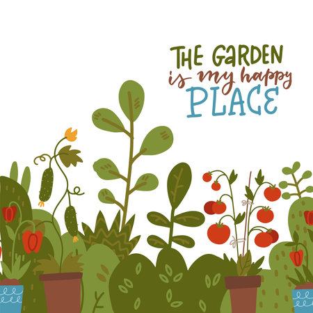The garden is my happy place - Hand lettered gardening quote with vegetable plants, sprouts and tomato bush. Vectorflat illustration Isolated on white backgroundのイラスト素材