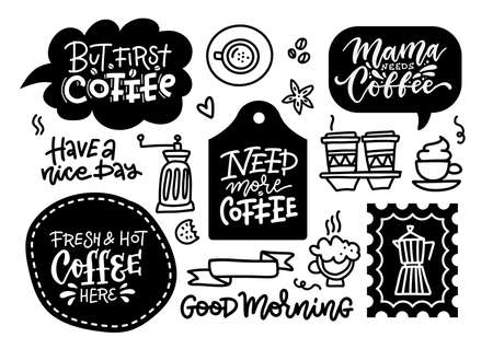 Coffee related labels, badges and doodle design elements set. But first coffee. Need more Coffee. Brew bar and coffee shop lettering signs.のイラスト素材