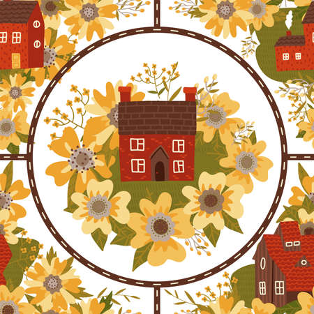Small countryside City seamless pattern with small houses, huge flowers and roads. Map of the settlement, travel. Street with greenery, buildings, florals. Isolated flat vector illustration.のイラスト素材