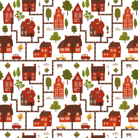Cute city houses seamless pattern. Cartoon funny map cityscape with small brick buildings in scandinavian style, cars on streets, green summer trees. Flat hand drawn vector illustrationのイラスト素材