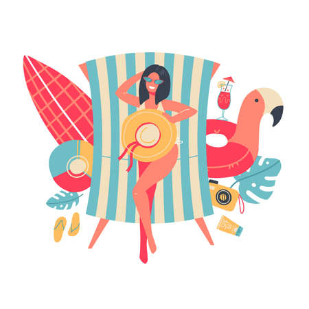 Young woman in bikini sunbathing lying on the beach. View from above. Isolated summer concept with sea vacation stuff. Vector flat cartoon illustration.のイラスト素材