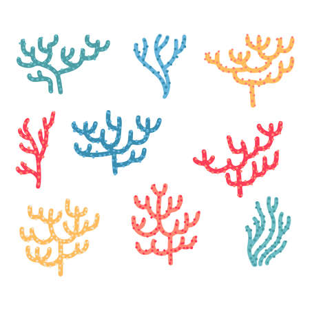 Set of different color cartoon corals isolated on white background. Bundle of marine species, deep sea creatures, ocean flora and fauna. Underwater biodiversity. Flat hand drawn vector illustrationのイラスト素材
