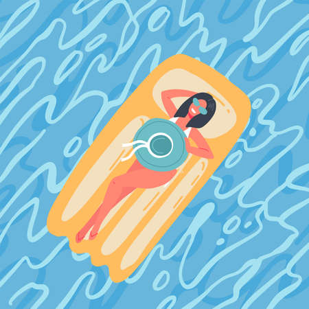 Lying girl on the inflatable beach mattress in a pool. Blue sea water surface. Vector flat hand drawn Illustrationのイラスト素材