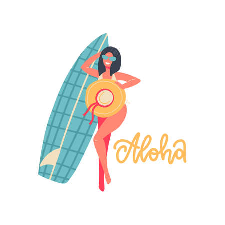 Beautiful girl making photo with hat and surf board. Summer vacation banner concept with lettering text - Aloha. Woman in swimsuit. Vector flat hand drawn Illustrationのイラスト素材