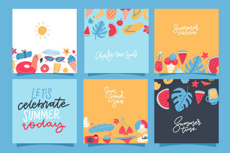 Set of creative summer square cards. Placard, poster, flyer with pineapple, watermelon, lemon,ice cream,, palm leaves, cocktails and lettering quotes. Vector flat hand drawn Illustrationのイラスト素材