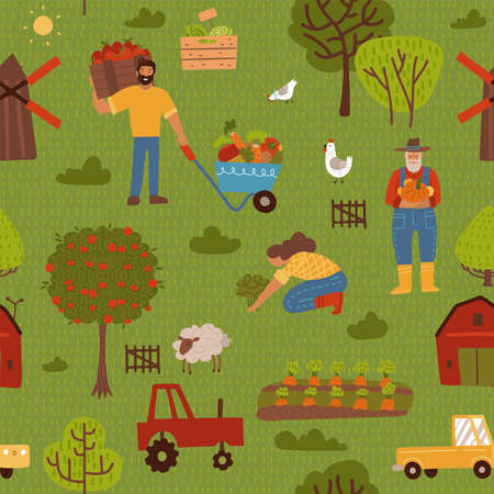 Cute farm seamless pattern with tractors, carrots, fence, apple trees and people. Repeating background for kids. Farming backdrop for wrapping paper, fabric, kids decor. Flat vector illustration.のイラスト素材
