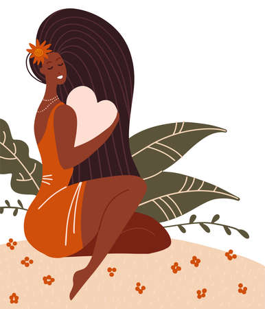 Love yourself, body positive, self care concept. Beautiful black girl hugging a big pink heart. Isolated flat vector illustration with a female character with leaves and flowers.のイラスト素材