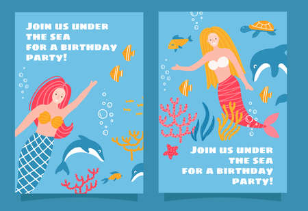 Set of Mermaid Sea Theme Party Invitation Design For Girls and Teen. Cute female characters with underwater world. Hand drawn isolated flat vector illustration.のイラスト素材