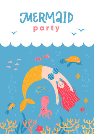Having fun mermaid and sea life cartoon for party invitation card A4 size template. Under water world with fairytale character. Hand drawn isolated flat vector illustration.のイラスト素材